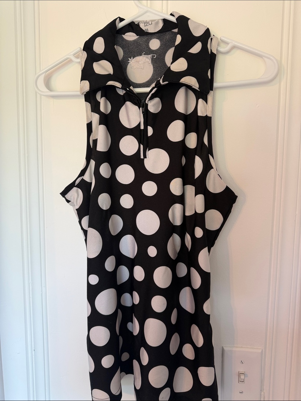 TZU Sleeveless Black and White Polka Dot Dress with Zip Collar